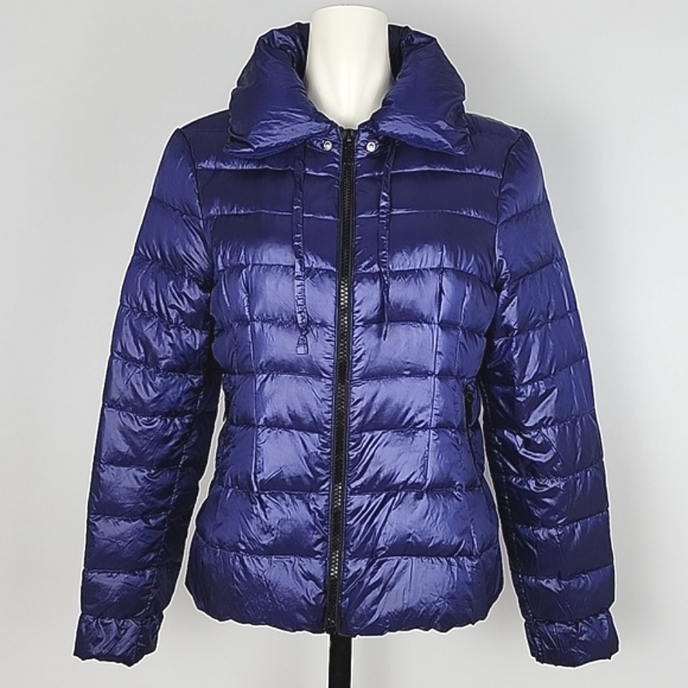Zara Woman Down Puffer Jacket Electric Purple Roll Up Hood Size Large